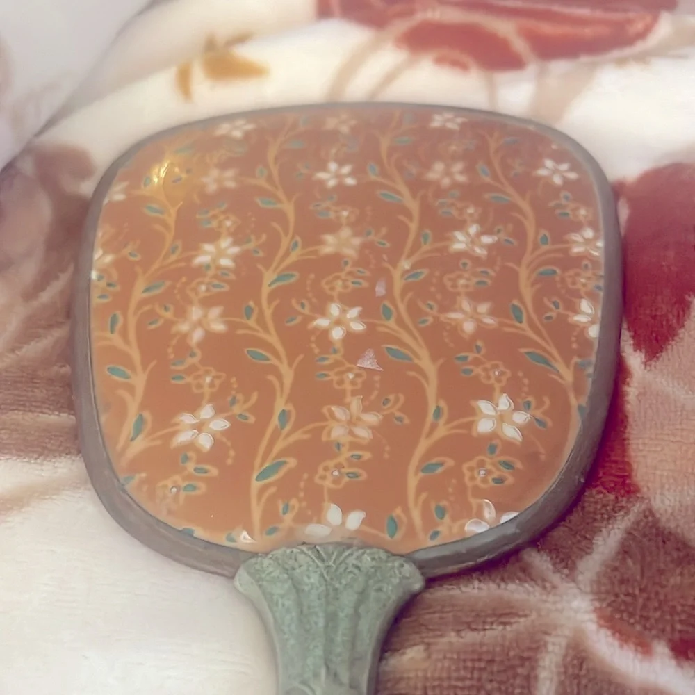 Antique hand mirror floral silver orange boho